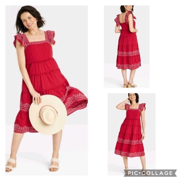 Knox Rose boho embroidered square neck ruffle shoulder tiered midi dress - Picture 1 of 13